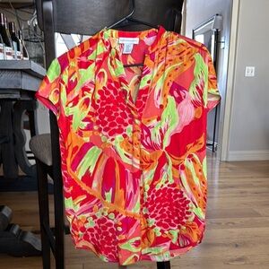 Cupcakes & Cashmere Red Graphic Mandarin Collar Blouse